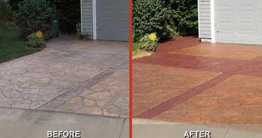 concrete patio before and after a colored stone overlay